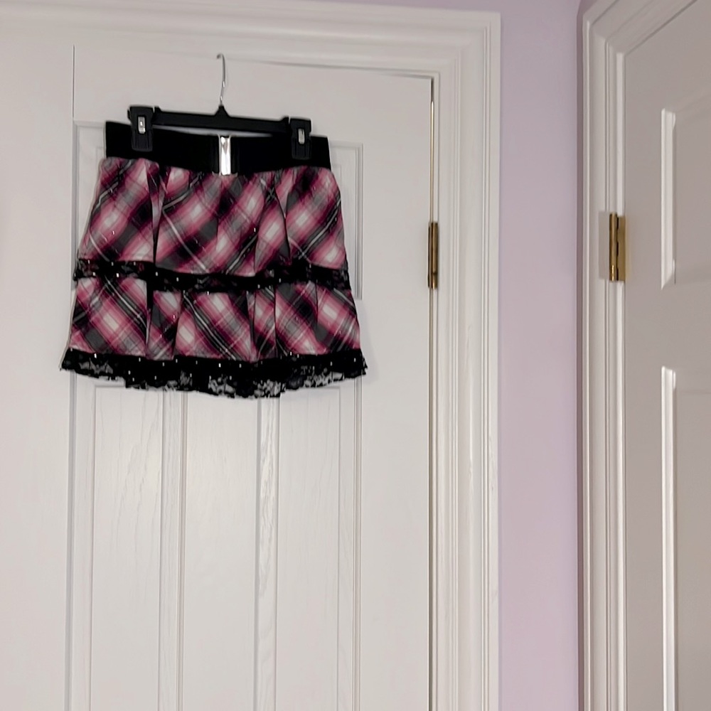 Justice Pink and Black Plaid Pleated Layer Skort with Lace Trim